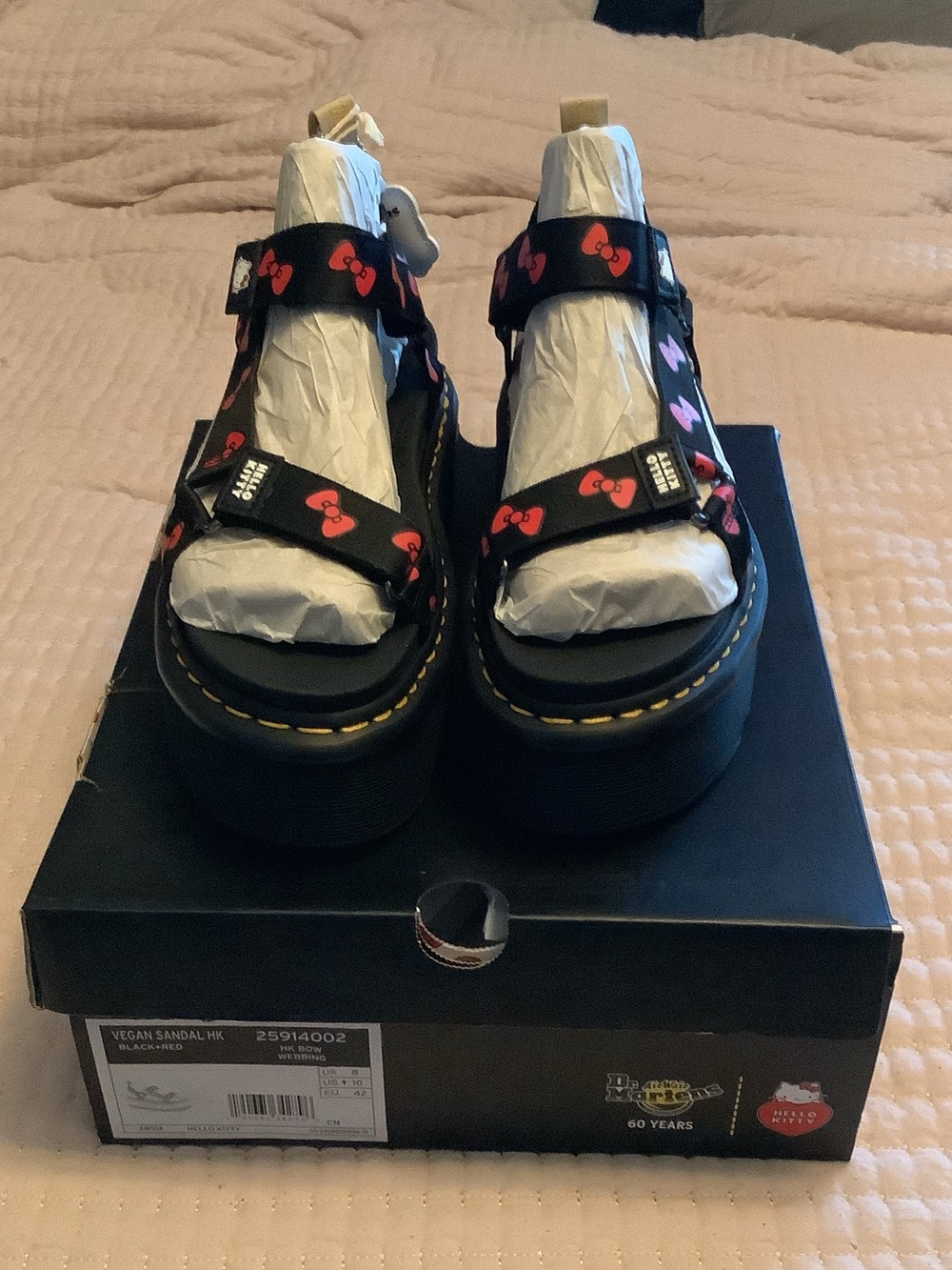 Dr. Martens/Hello Kitty 60 Years Black Platform Vegan Sandals with Red Bow Print